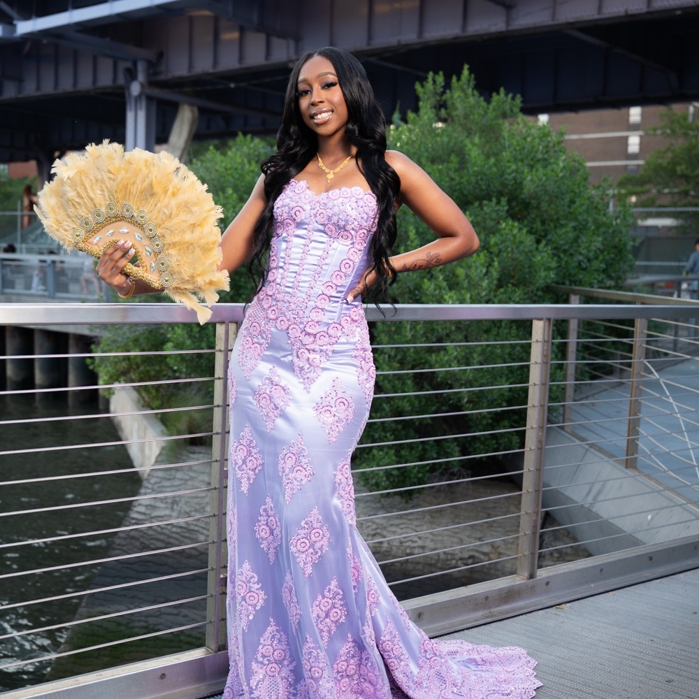 Elegant Lavender Lace Evening Gown